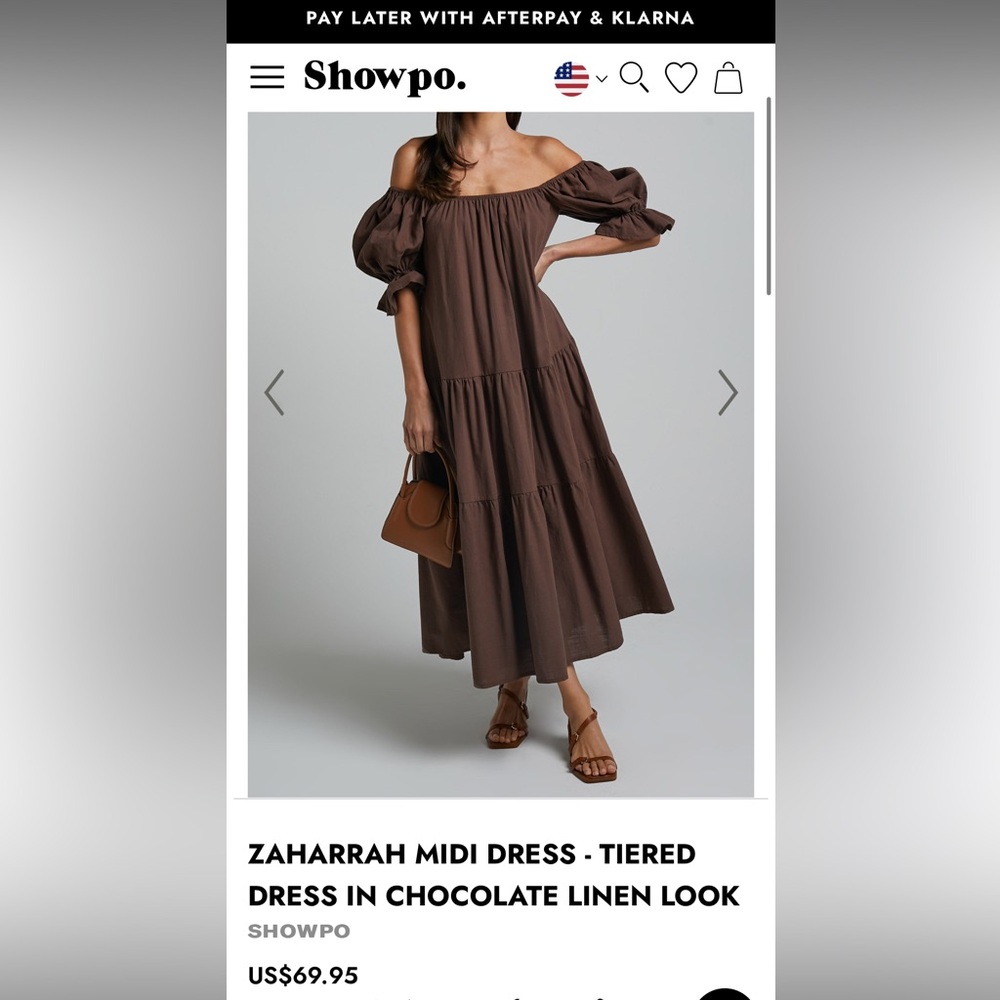Showpo Zaharrah MIDI Dress (on or off the shoulder) in Chocolate Linen Look